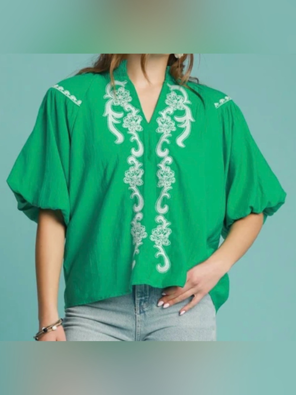 Umgee Embroidered Green Puff Sleeve V-Neck Top